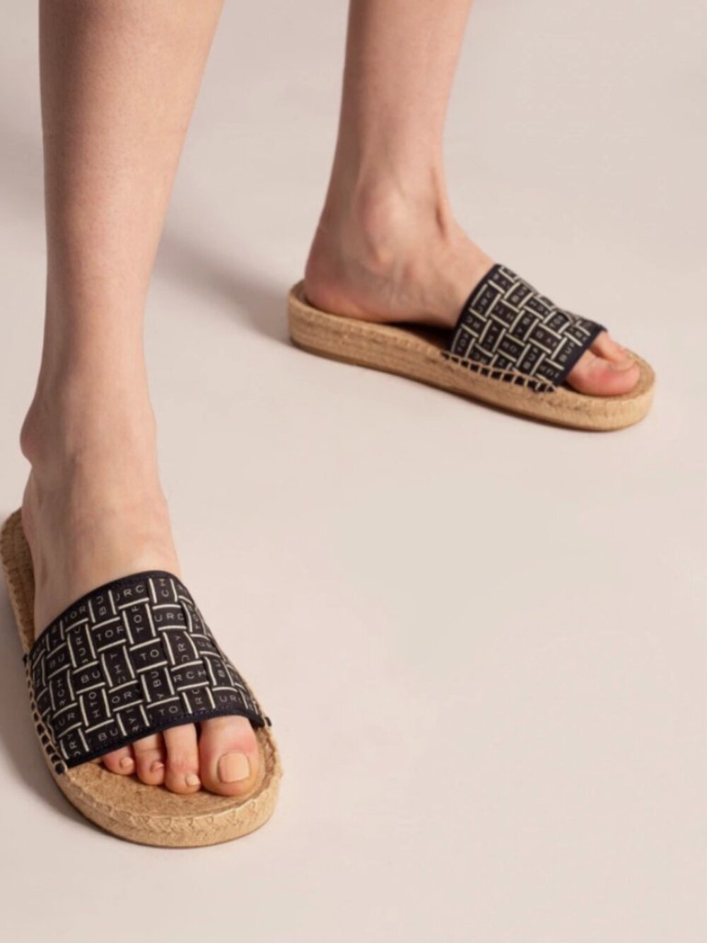 Tory Burch Ribbon Logo Woven Espadrille Slides Slip On Open Toe Sandals Shoe 8.5